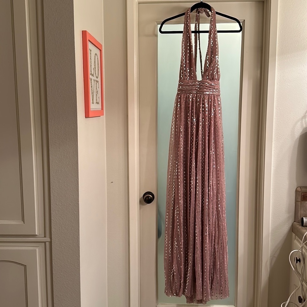 Luxxel Rose Gold Sequin Halter Maxi Dress